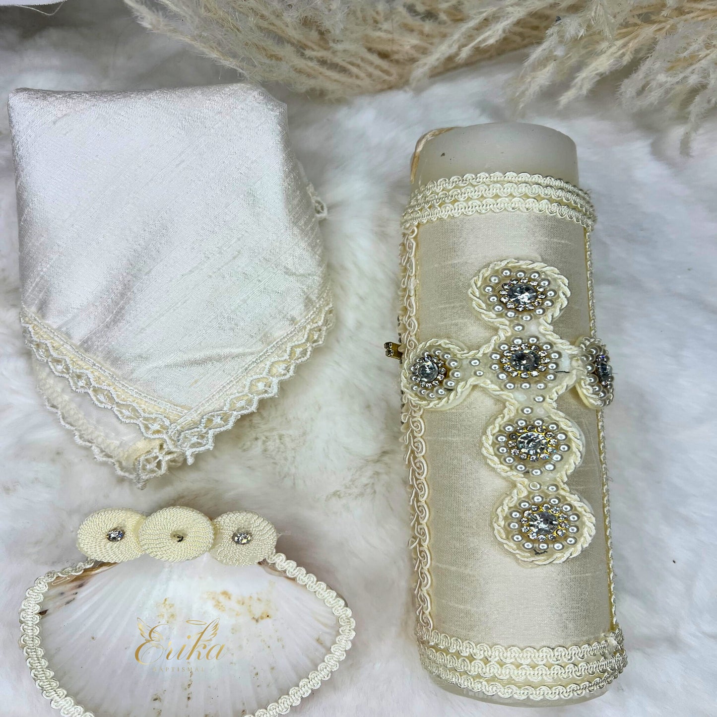 Traditional white boy's baptism set featuring vintage-style pearl embellishments