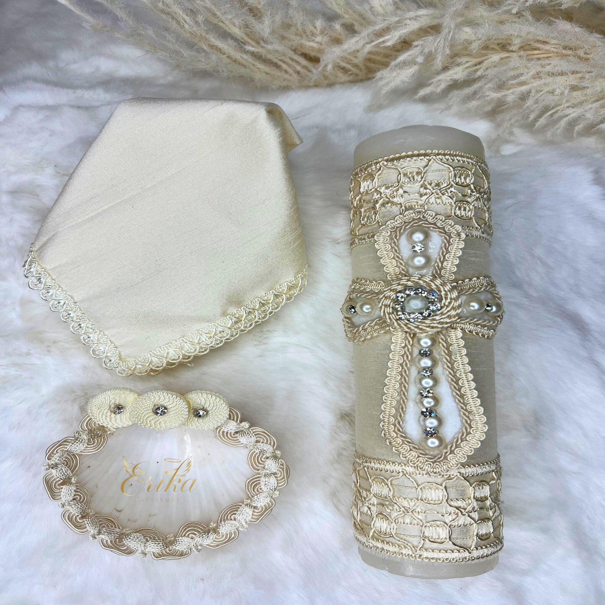 Complete baby baptism set including a decorated pearl ivory candle, shell, and lace-trimmed drying towel