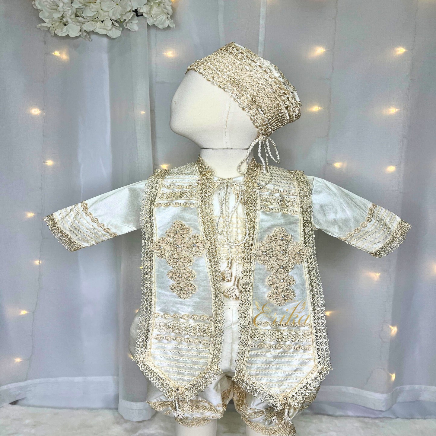 elegant pearl baby boy christening outfit set with vest shirt pants and matching bonnet