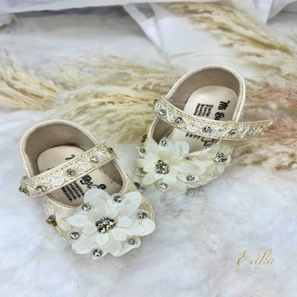 White christening shoes for baby girls with 3D floral appliqués and soft soles