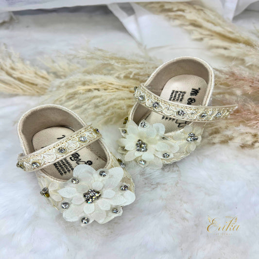 White christening shoes for baby girls with 3D floral appliqués and soft soles