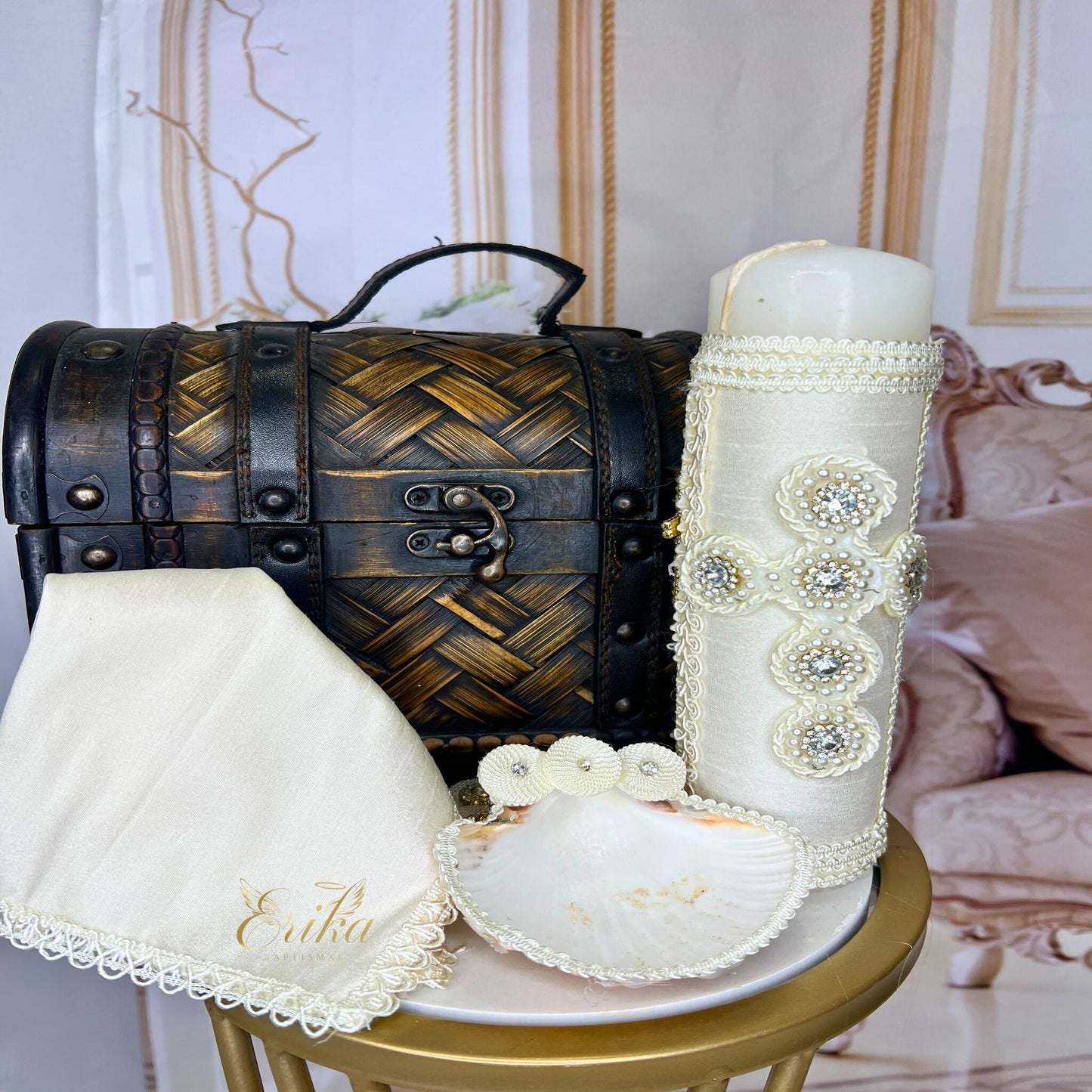 Traditional white boy's baptism set featuring vintage-style pearl embellishments
