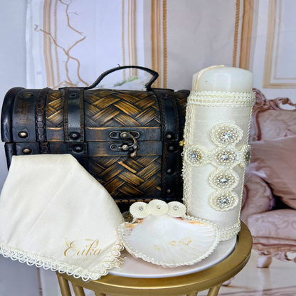 Traditional white boy's baptism set featuring vintage-style pearl embellishments