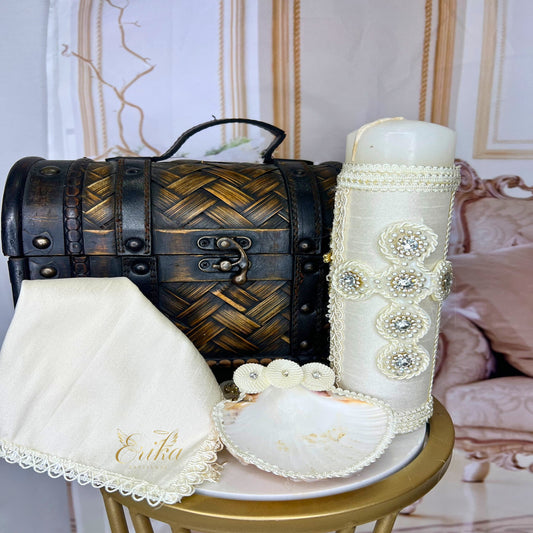 Traditional white boy's baptism set featuring vintage-style pearl embellishments