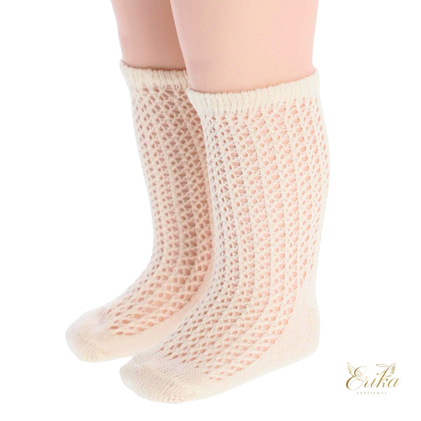 Soft cotton pointelle knee-high socks in off-white for christening ceremonies