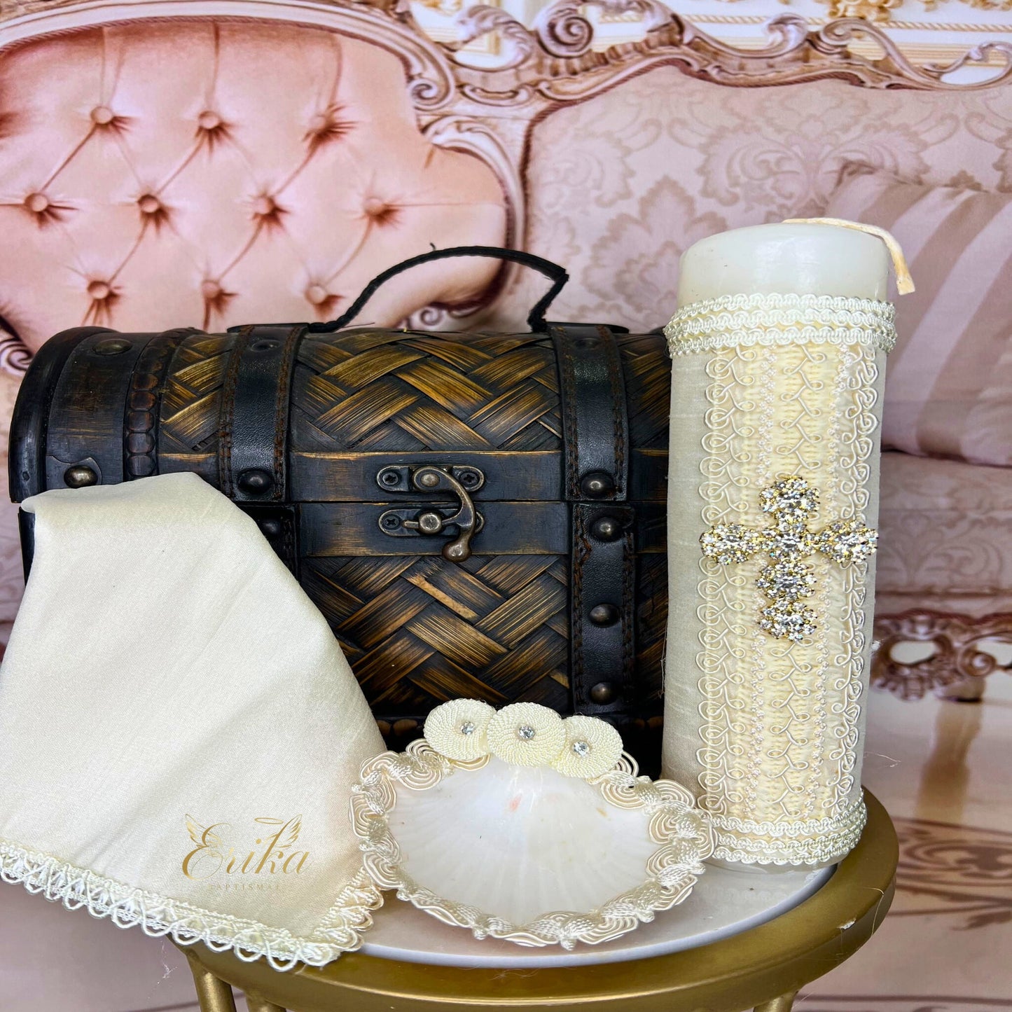 Boy's ceremonial kit including a rhinestone-accented candle, baptismal shell, and hanky