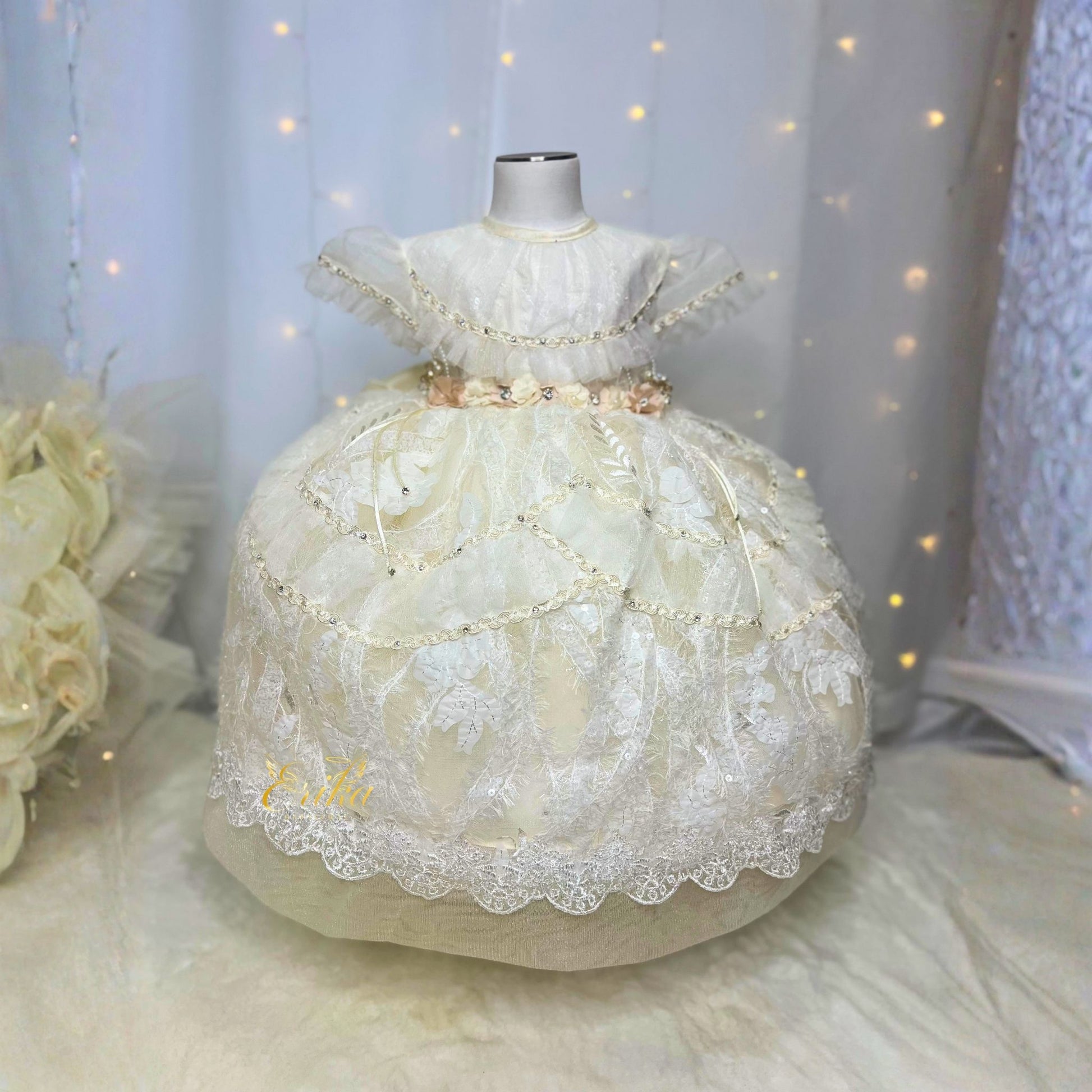 traditional baby baptism dress made with delicate lace and soft elegant fabric