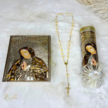 Luxury pearl toned candle set for Catholic ceremony in a silver embossed artisan wooden box