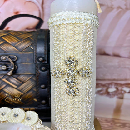Boy's 3-piece baptism set featuring a crystal-studded candle, shell, and embroidered cloth