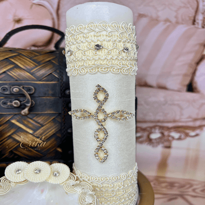 3-piece christening Candle Set for boys with rhinestone candle, ceremonial shell, and drying towel