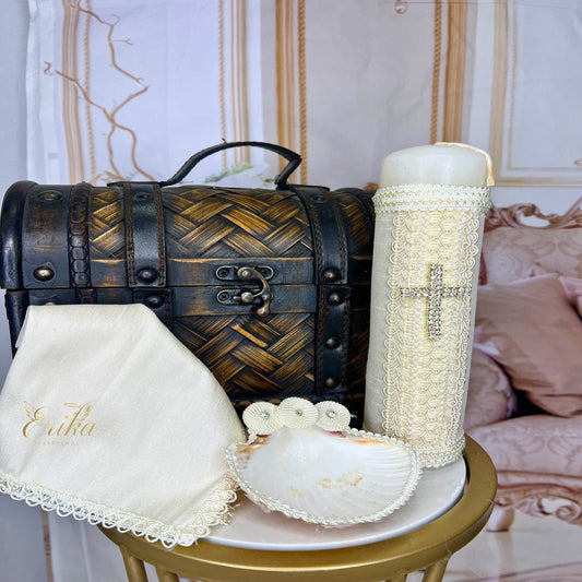 Three-piece christening set for boys with white pearls and premium linen cloth