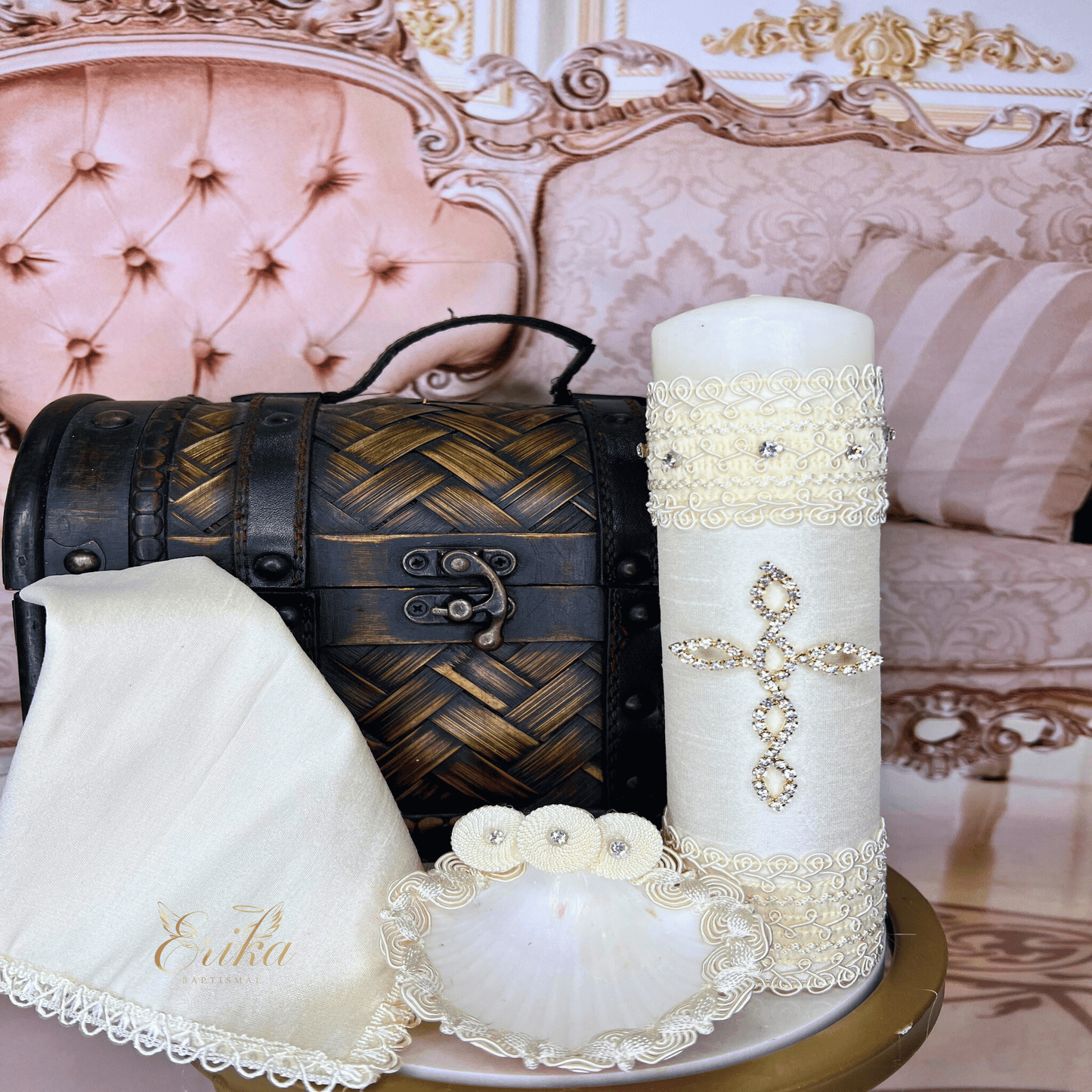 Modern white baptism set for boys with a minimalist rhinestone cross motif