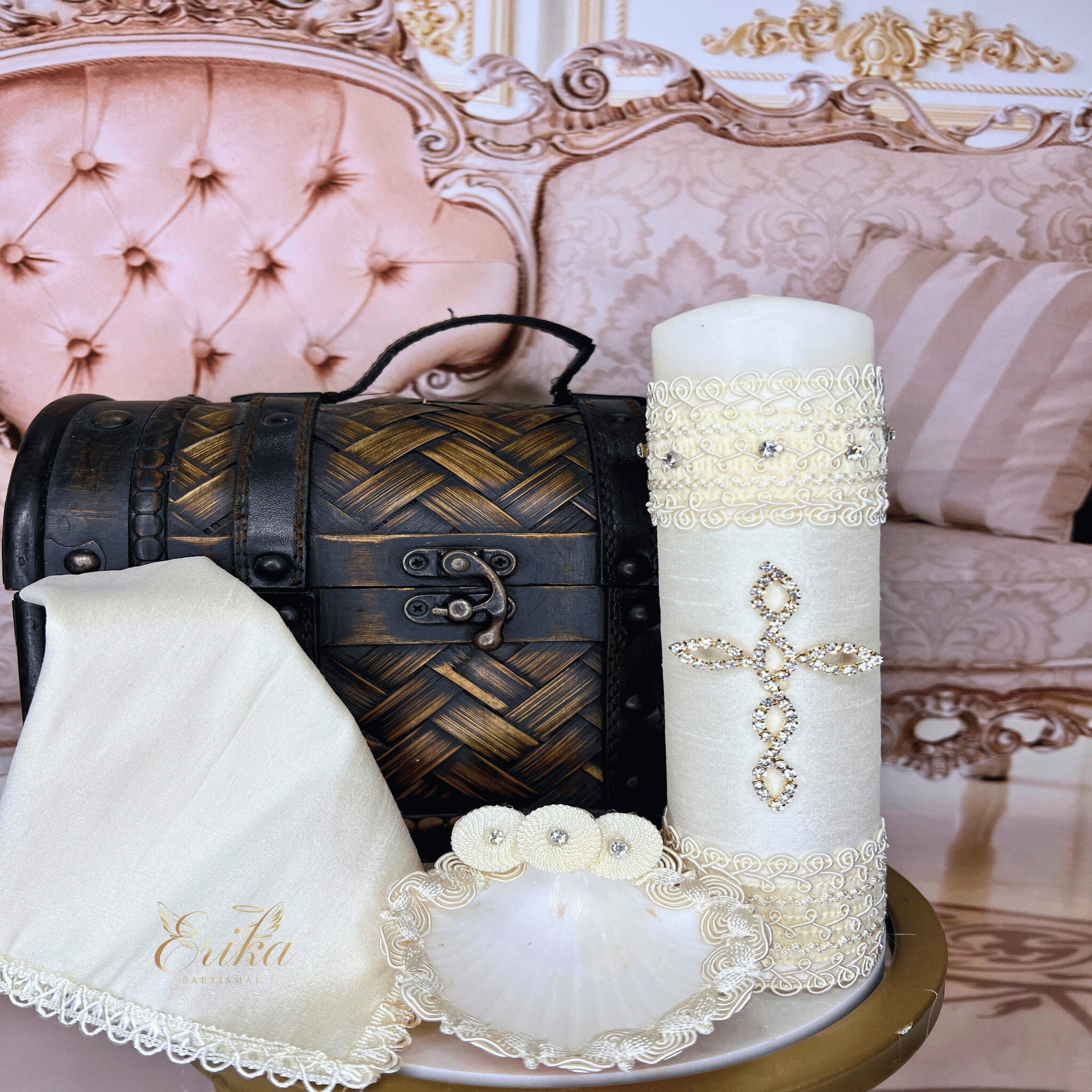 Modern white baptism set for boys with a minimalist rhinestone cross motif