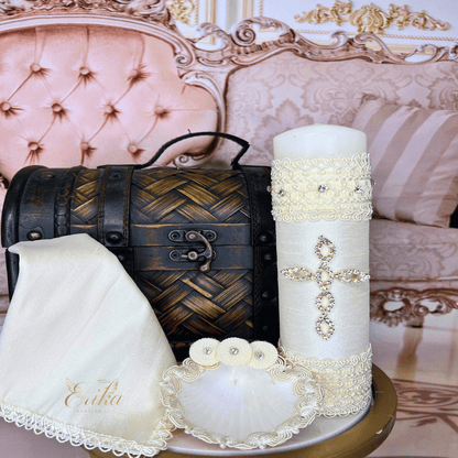 Modern white baptism set for boys with a minimalist rhinestone cross motif