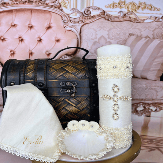 Modern white baptism set for boys with a minimalist rhinestone cross motif