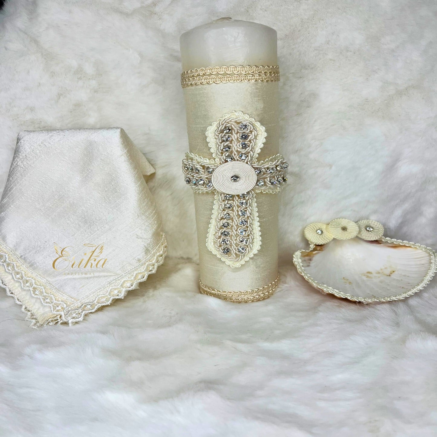Modern white baptism set for boys with a minimalist rhinestone cross motif
