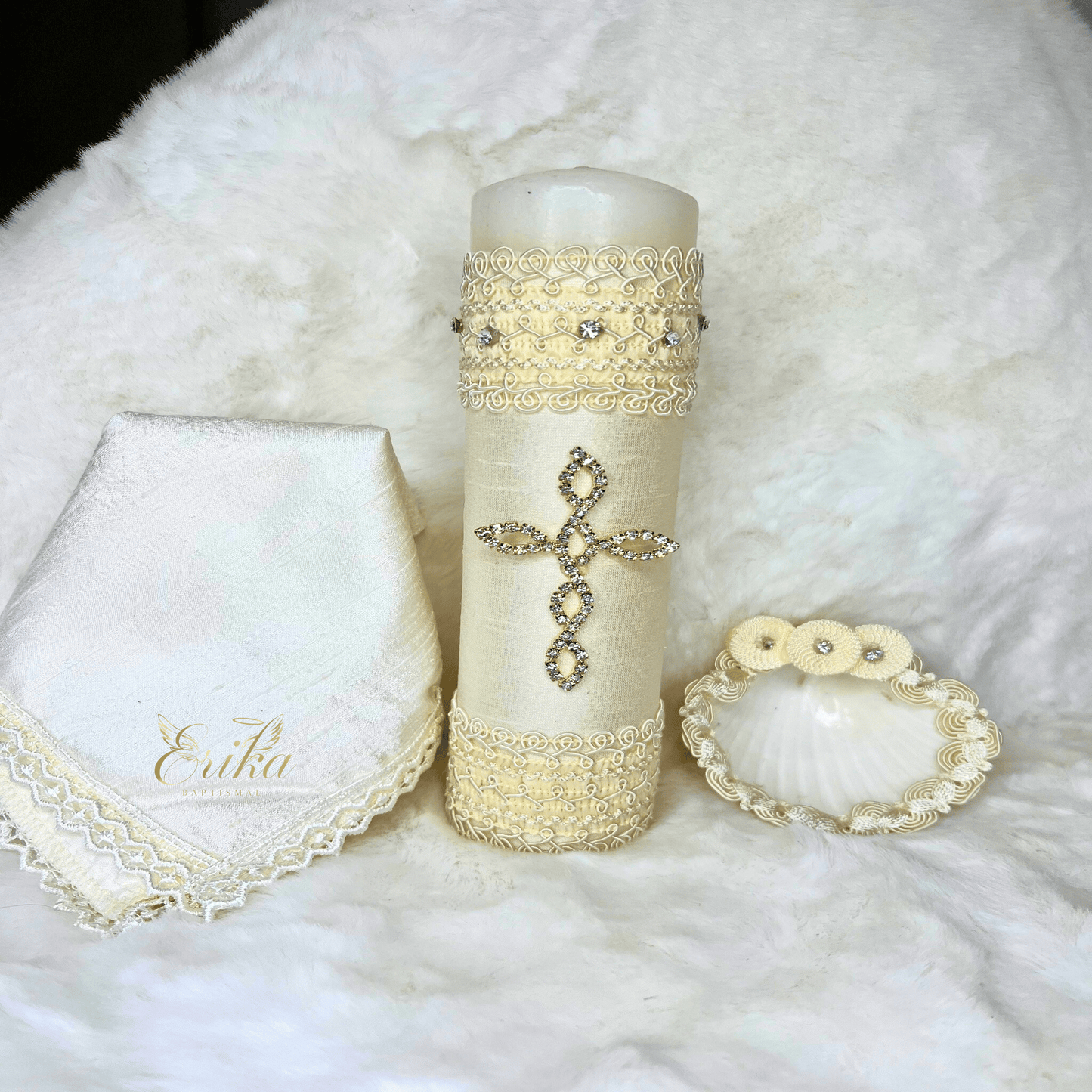 3-piece christening kit for boys with rhinestone candle, ceremonial shell, and drying towel