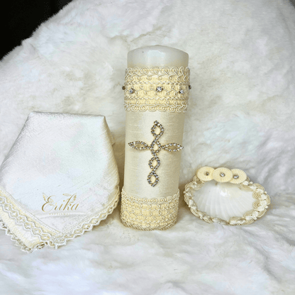 3-piece christening kit for boys with rhinestone candle, ceremonial shell, and drying towel