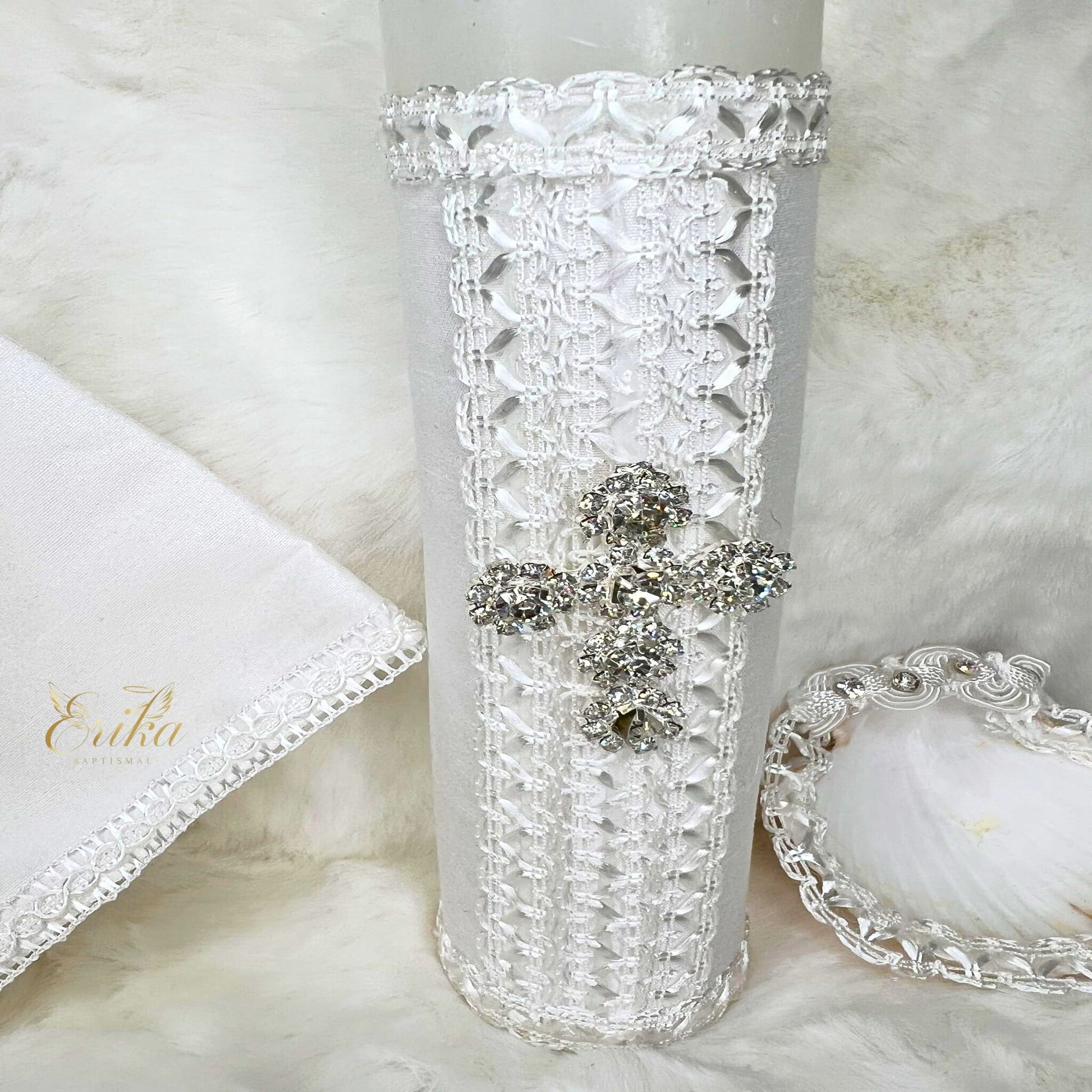Complete boy's baptism kit with rhinestone-encrusted candle, shell, and satin cloth