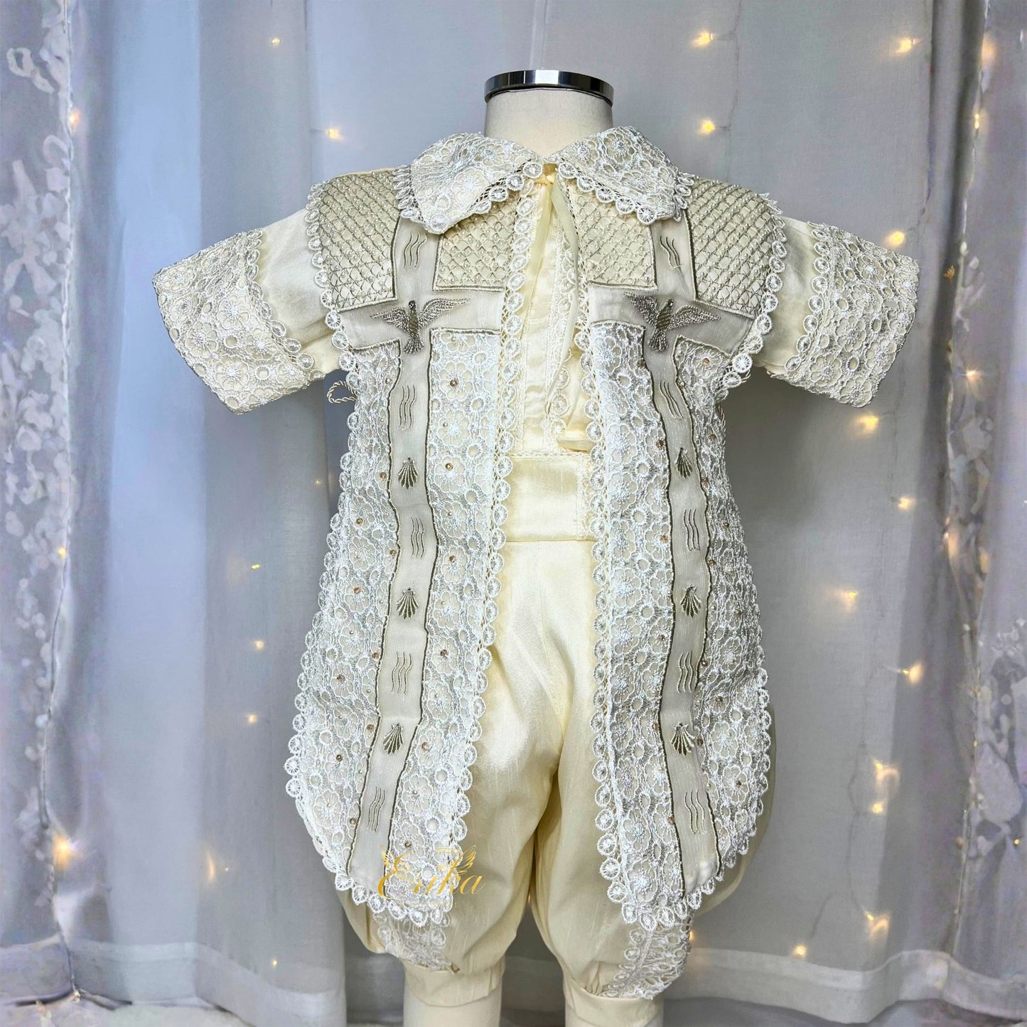 elegant baby boy baptism set with three piece outfit including vest shirt shorts and matching bonnet