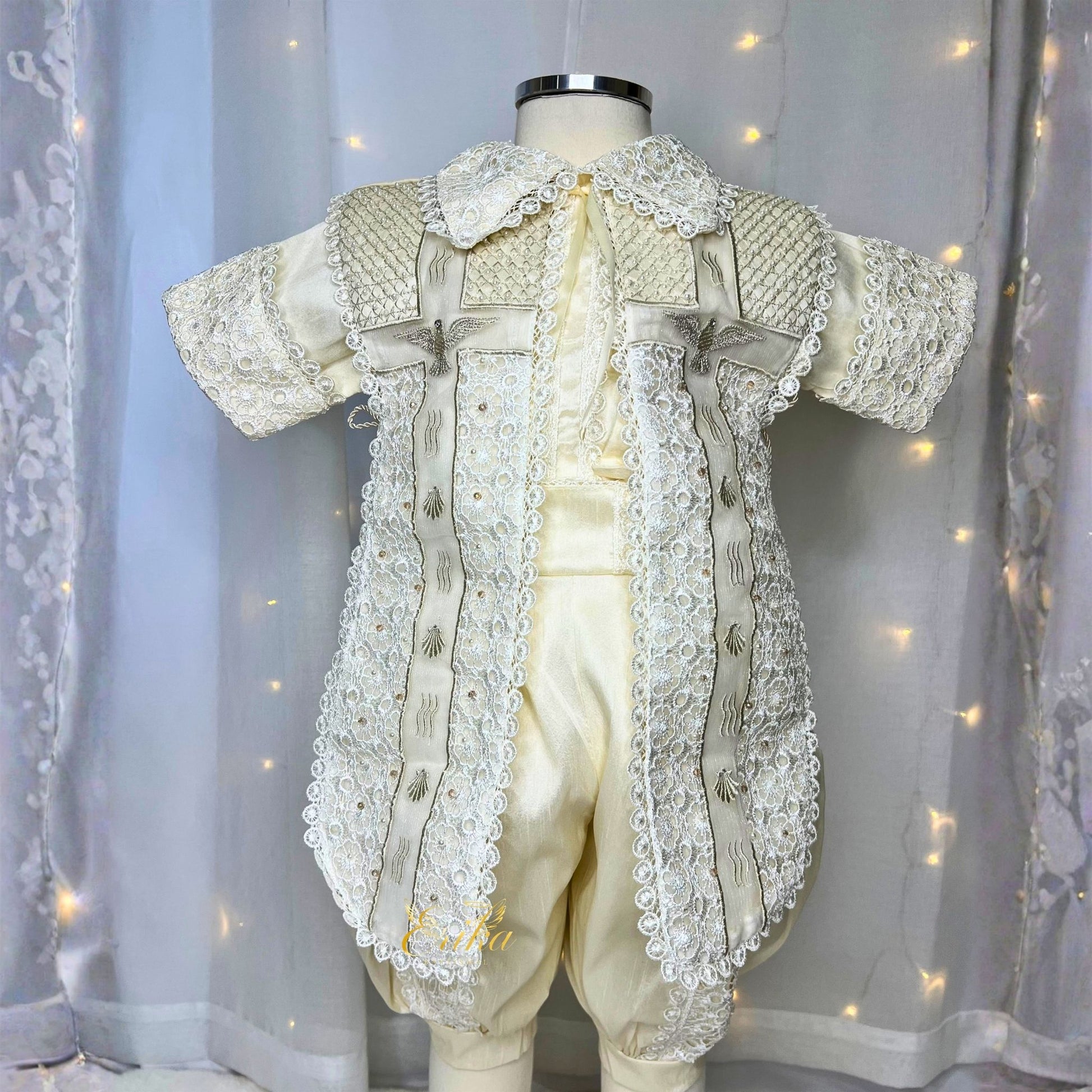 elegant baby boy baptism set with three piece outfit including vest shirt shorts and matching bonnet