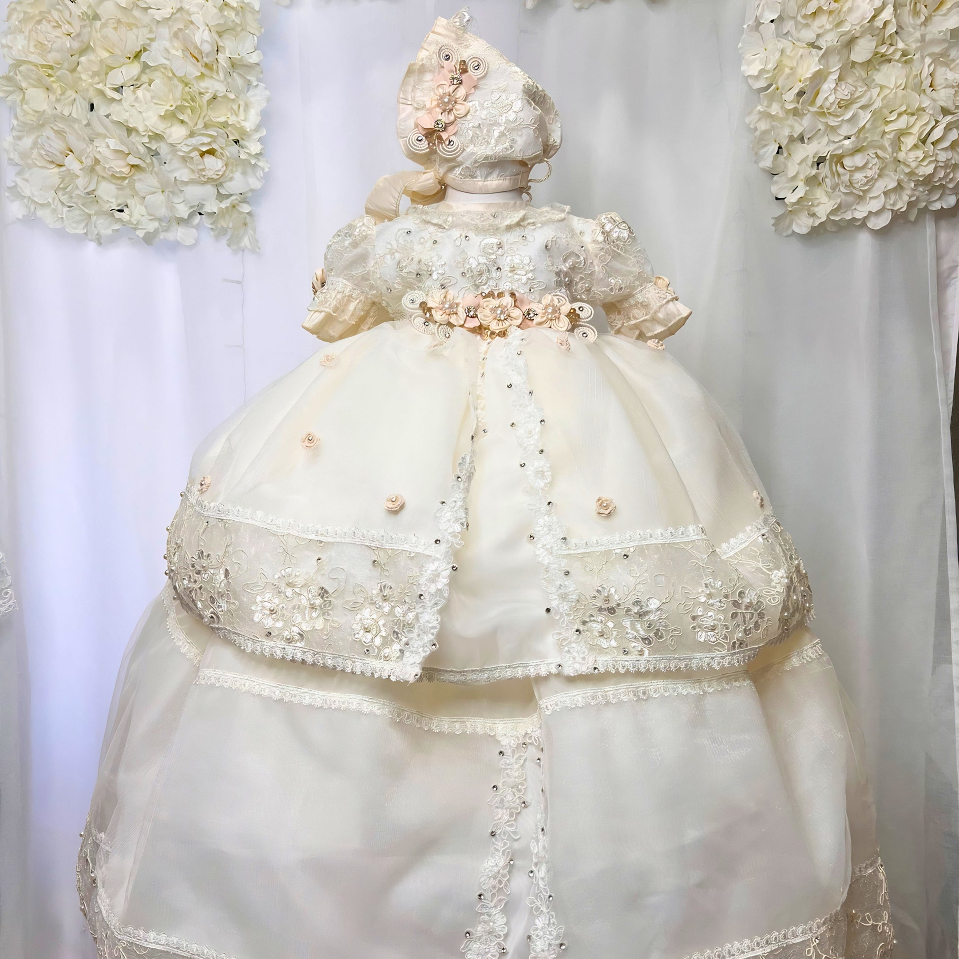 Luxury christening gown for baby with lace embroidery and delicate fabric