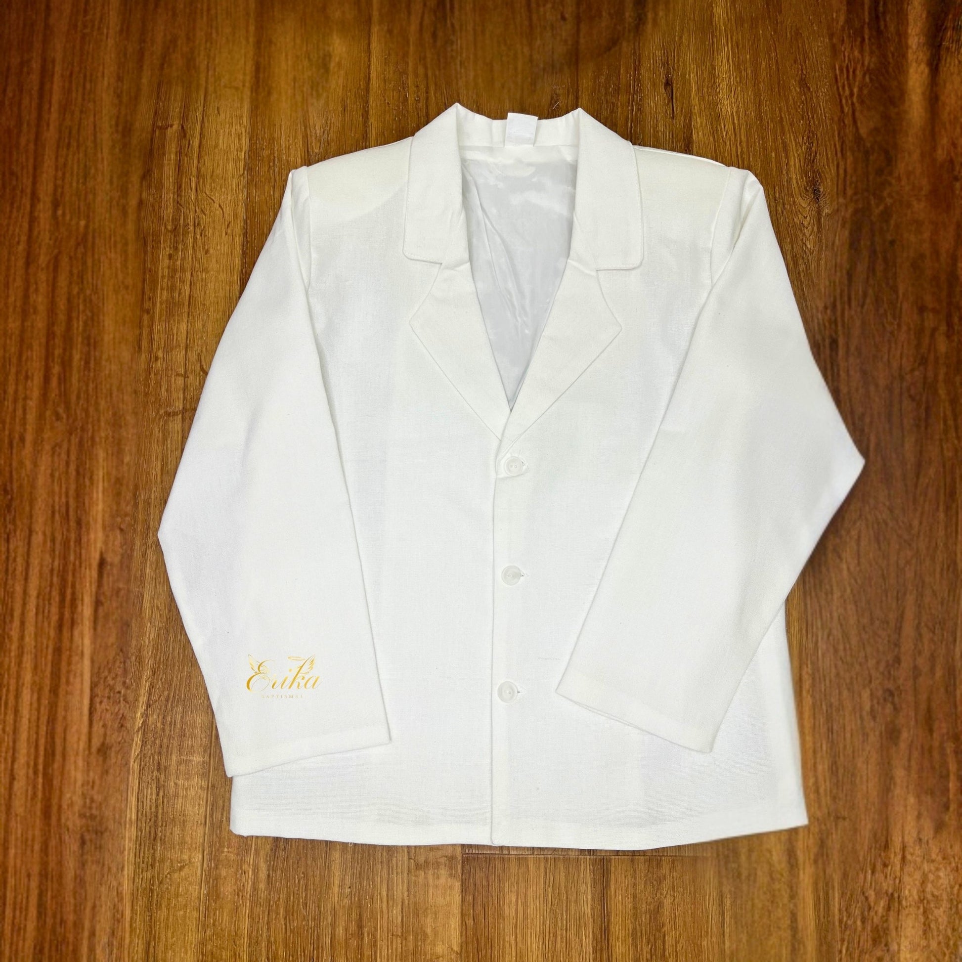 elegant ice white boys communion suit by Erika Baptismal with refined details and smooth fabric