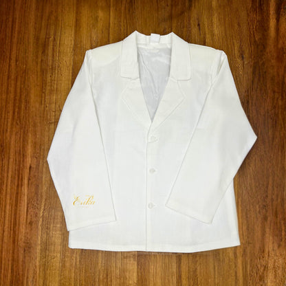 elegant ice white boys communion suit by Erika Baptismal with refined details and smooth fabric