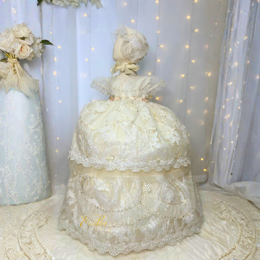 long baby christening gown made entirely of delicate lace with soft elegant finish