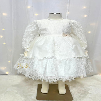 elegant long baby christening gown inspired by Spanish design with delicate finishes and soft fabric