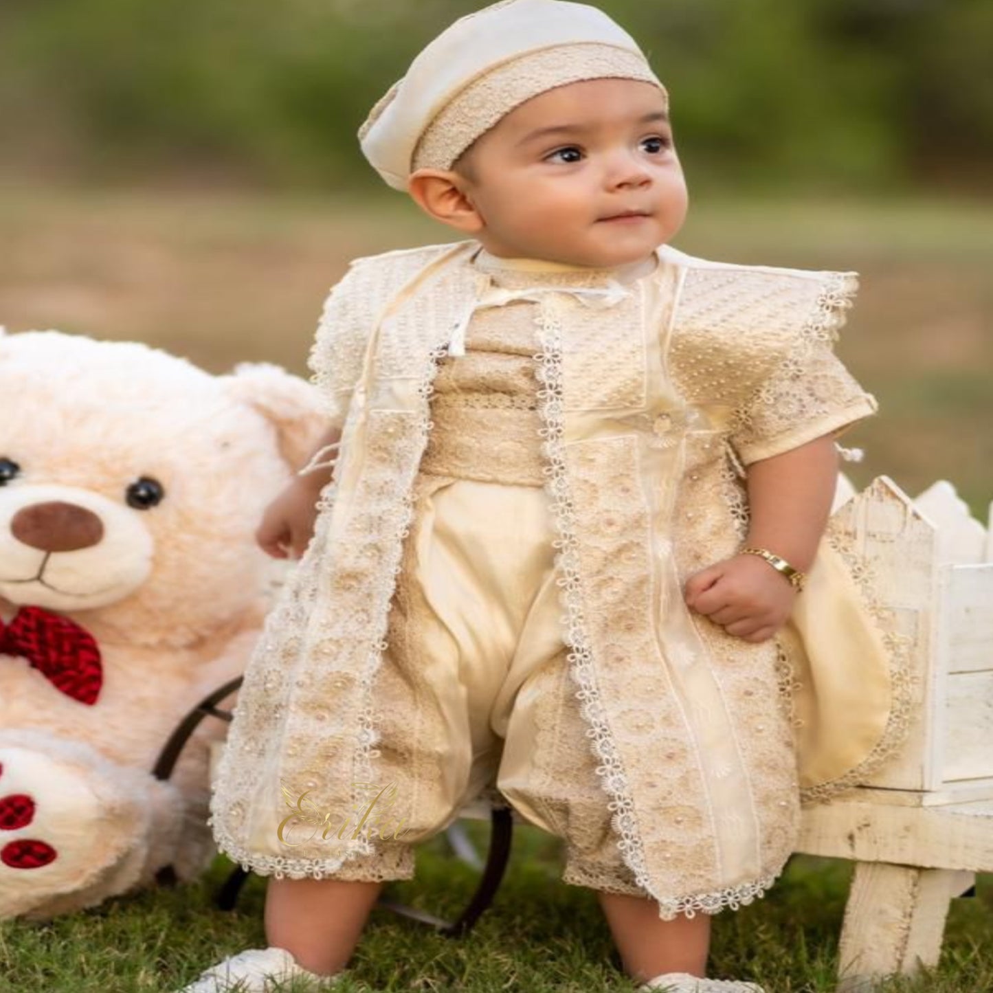 baby boy christening outfit with three piece set including vest shirt shorts and matching bonnet in elegant embroidered fabric
