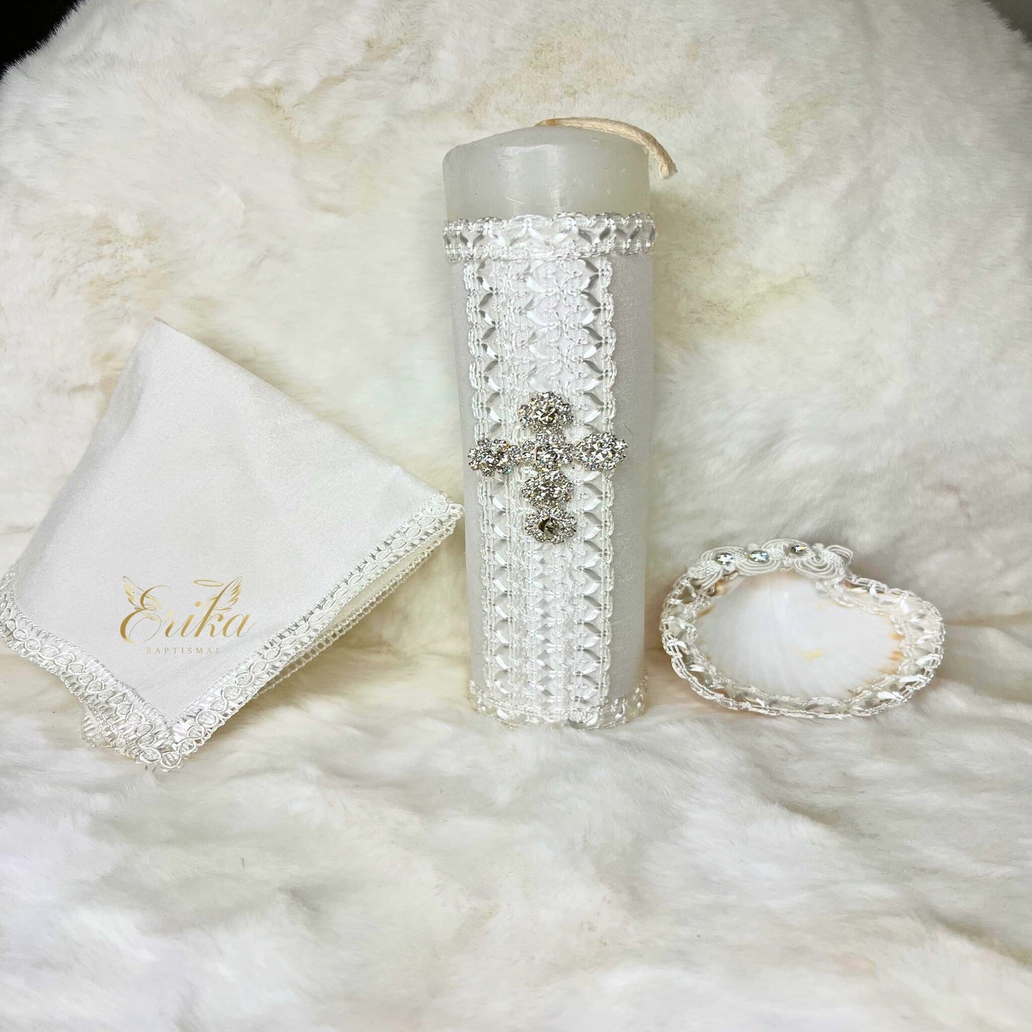3-piece baptismal set for boys including a sparkling stone candle, shell, and ceremony towel