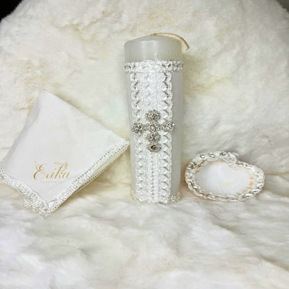 3-piece baptismal set for boys including a sparkling stone candle, shell, and ceremony towel