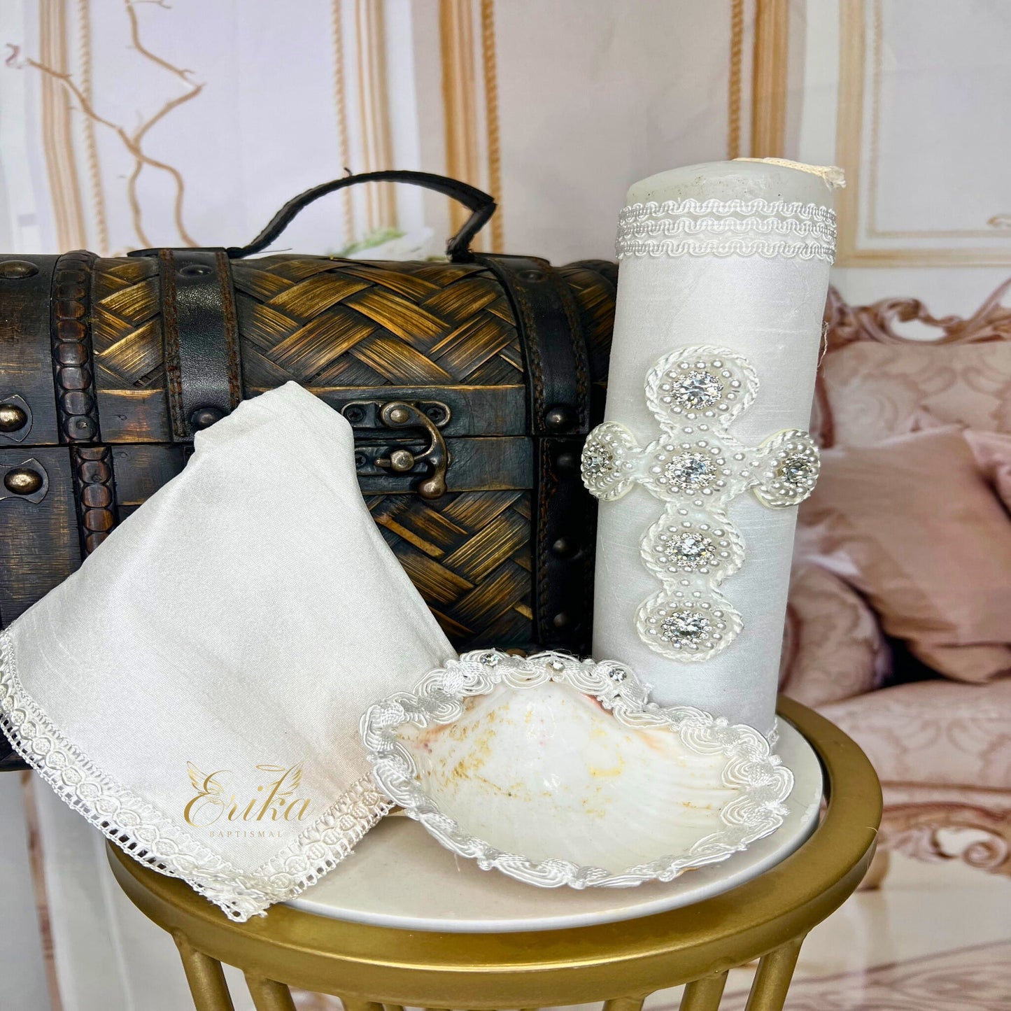Modern white boy's baptism set with a clean pearl design and satin finish