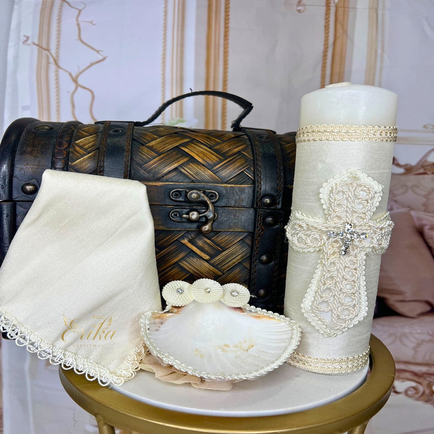 Custom-style boy's white christening set with hand-placed pearls and linen