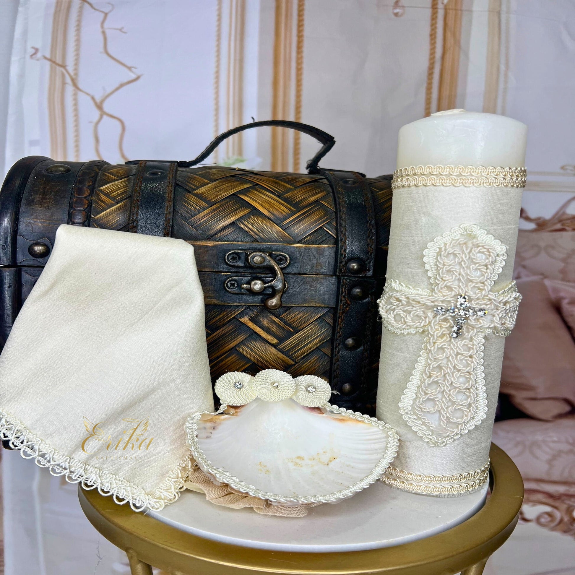 Custom-style boy's white christening set with hand-placed pearls and linen