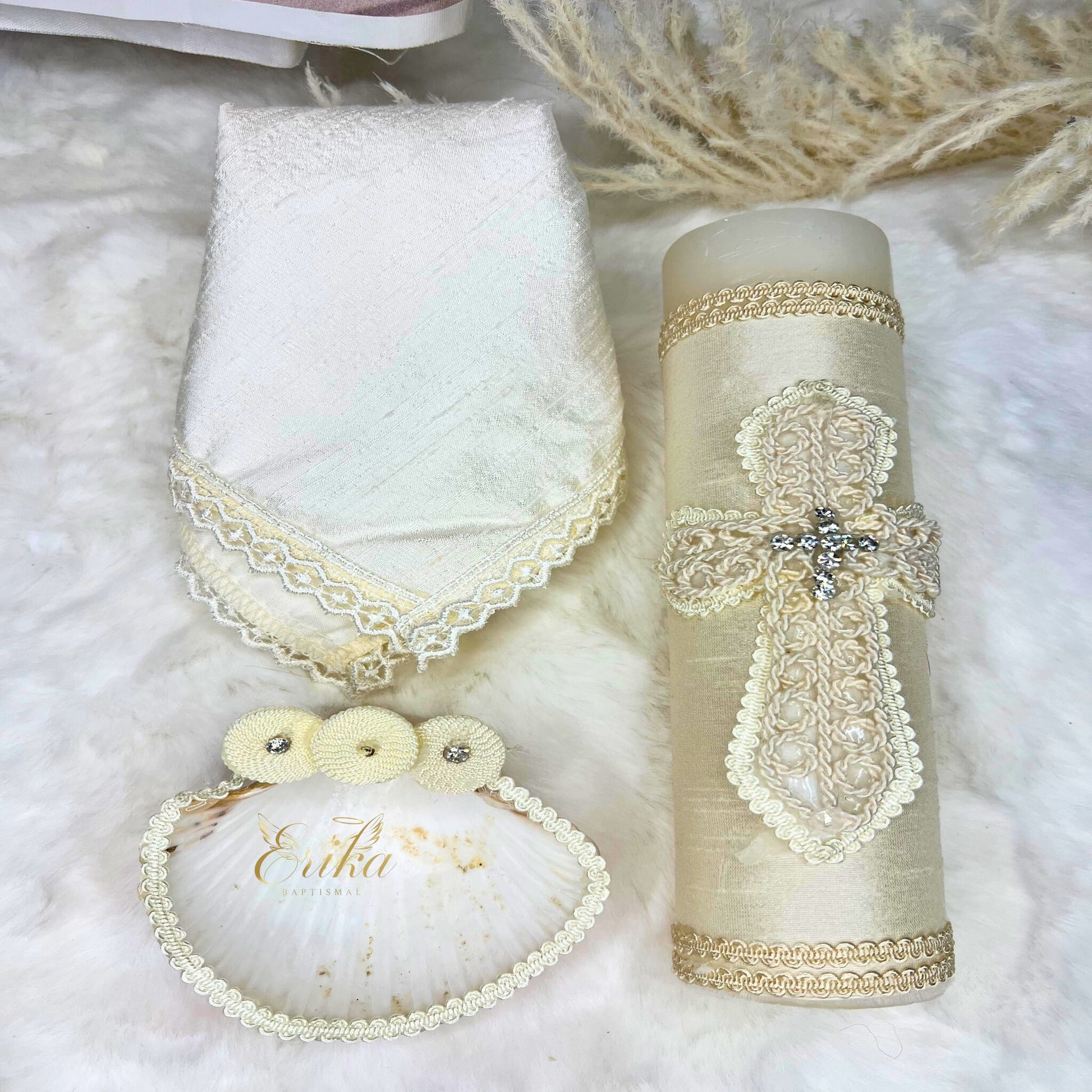 Custom-style boy's white christening set with hand-placed pearls and linen