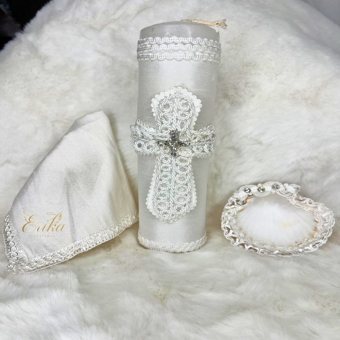 Delicate white christening set for infant boys with pearl rows and lace trim