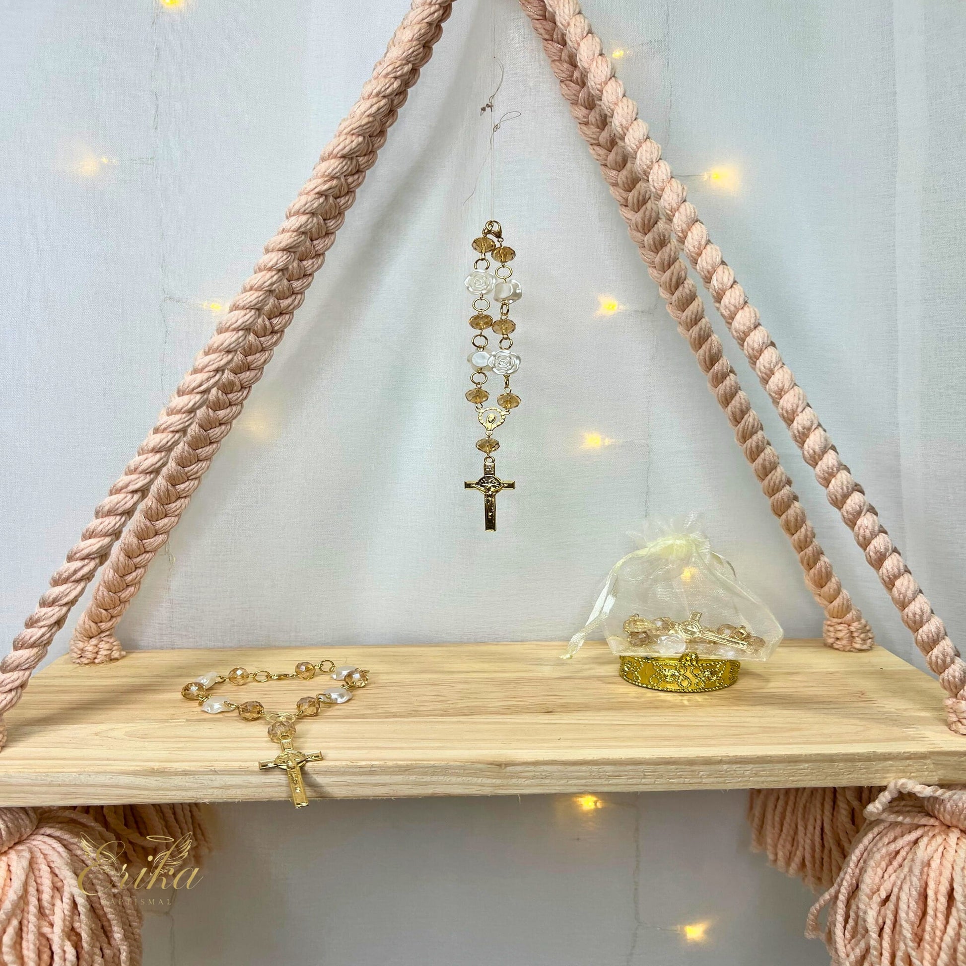 Detailed golden cross and crystal beads for baptism ceremony gifts by Erika Baptismal