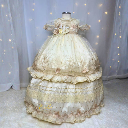 good quality affordable baby christening set with floral accents bead details and matching bonnet