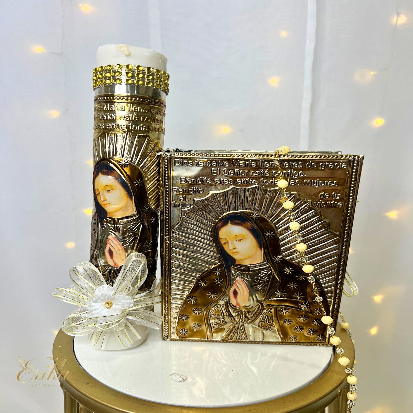 Handcrafted metal embossed wood box for First Communion candle set with Spanish Bible and rosary