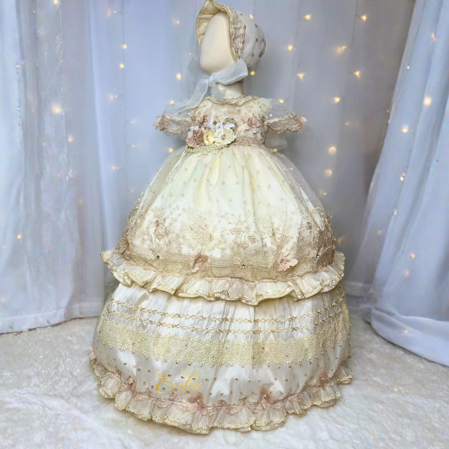 high quality baby christening dress with floral details bead accents and matching bonnet at an affordable price