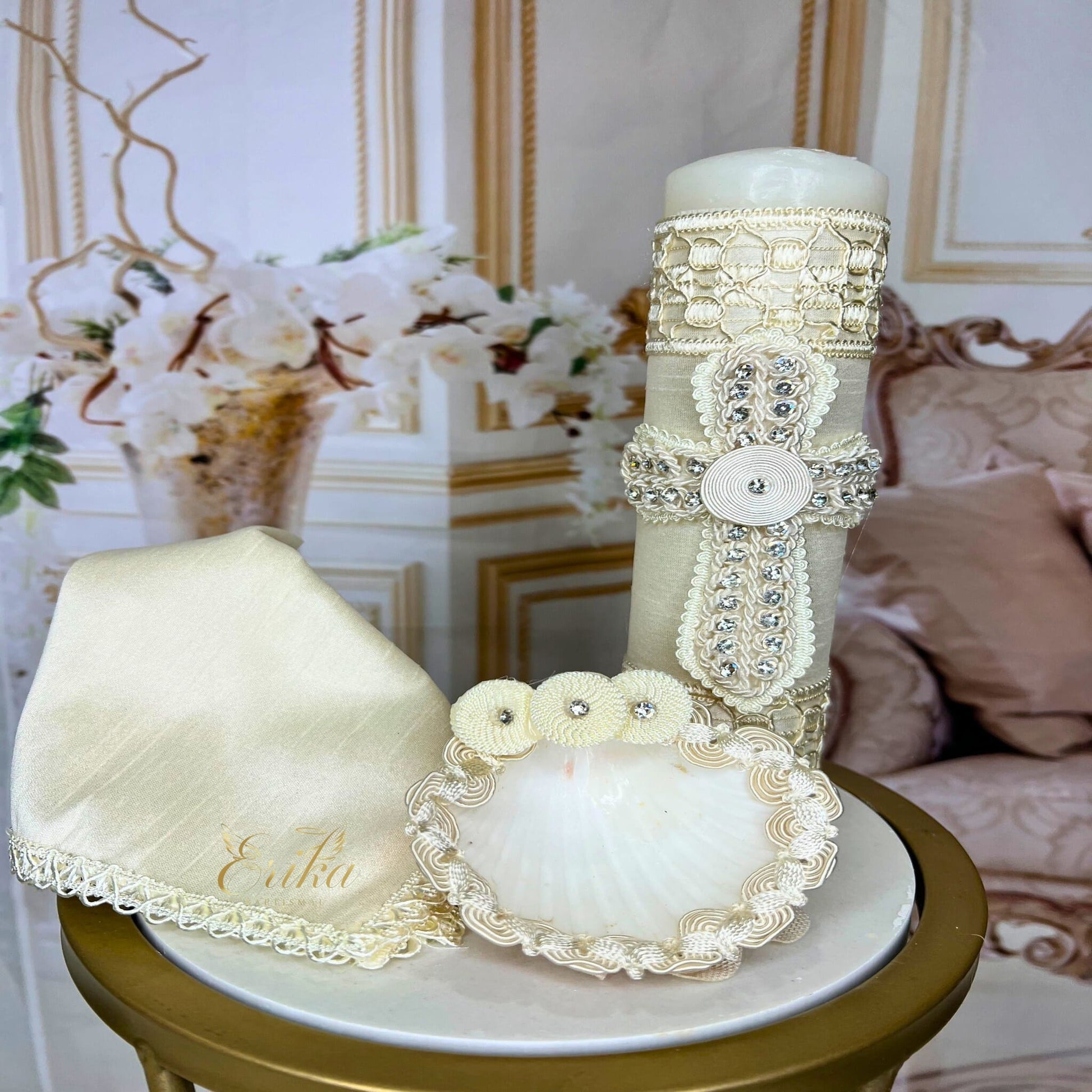 Boy's christening set with a tailored look, featuring a pearl-accented candle and matching shell