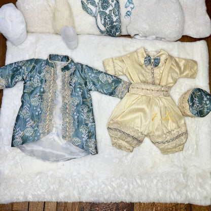 luxury baby boy christening set in blue and pearl with lace details and smooth elegant fabric