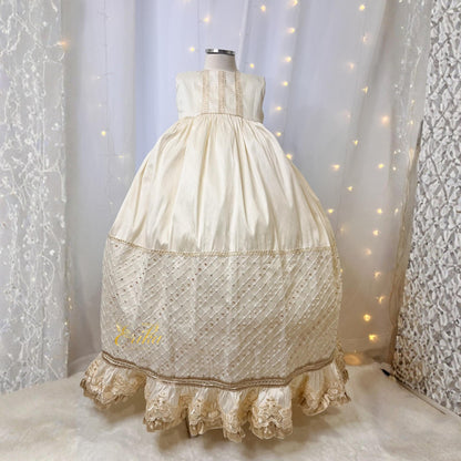 luxury long baby christening gown with vintage style gold accents floral embroidery and premium soft fabric