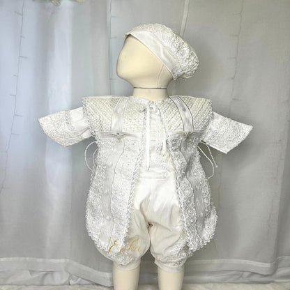luxury baby boy baptism outfit with three piece set including embroidered vest shirt and shorts with matching bonnet