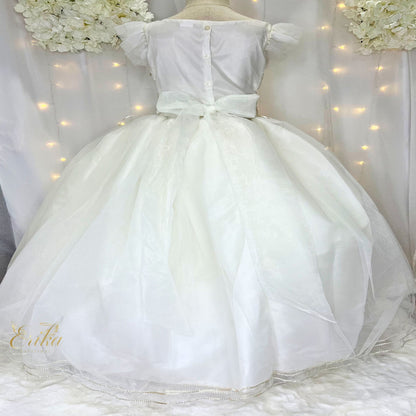 Sophisticated pearl-toned communion dress with artisan embroidery and butterfly theme by Erika baptismal