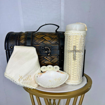 Simple white baptismal set for boys with a discrete crystal cross and shell