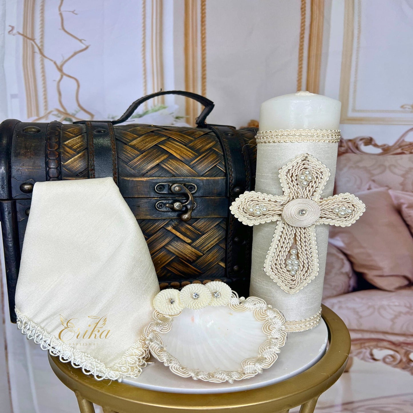 Boy's Ivory christening set with pearl-inlaid candle and matching baptismal shell