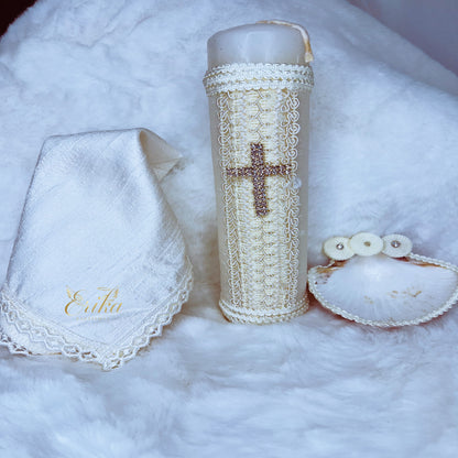 Simple white baptismal set for boys with a discrete crystal cross and shell